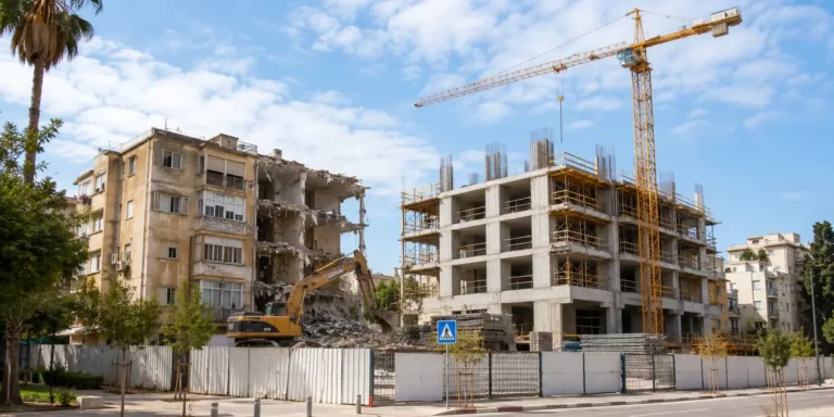 פרויקט התחדשות עירונית בחיפה עם הריסת בניין מגורים ישן והקמת בניין חדש באתר בנייה פעיל.