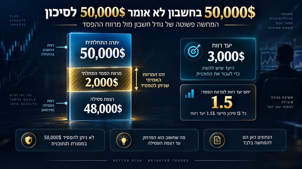 אינפוגרפיקה המשווה בין חשבון מסחר של 50,000 דולר, רצפת פסילה של 48,000 דולר, מרווח הפסד של 2,000 דולר ויעד רווח של 3,000 דולר.