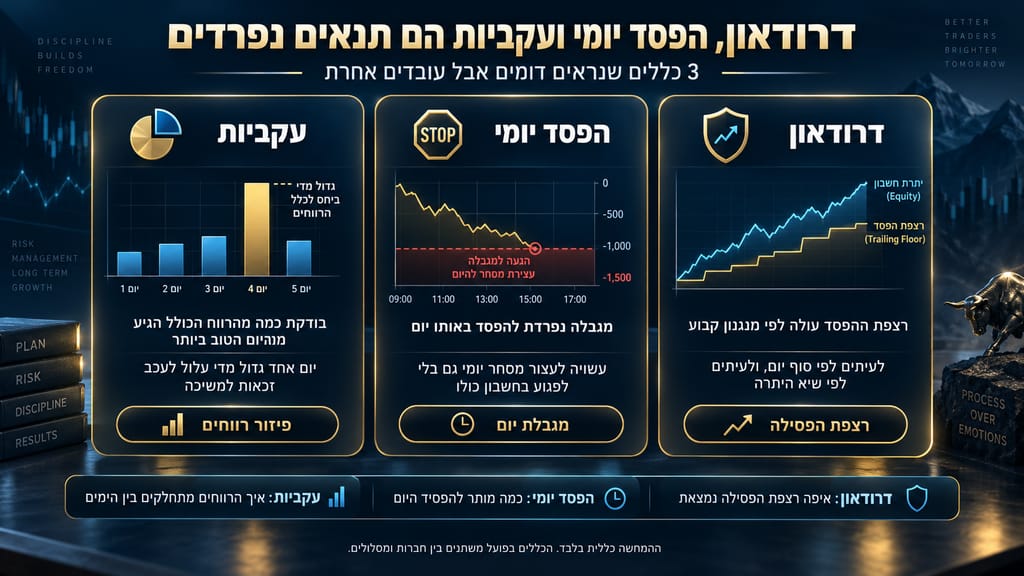 אינפוגרפיקה המשווה בין דרודאון, מגבלת הפסד יומי וכלל עקביות בחשבונות מסחר, עם המחשה גרפית של רצפת פסילה, מגבלת הפסד יומית ופיזור רווחים בין ימי מסחר.