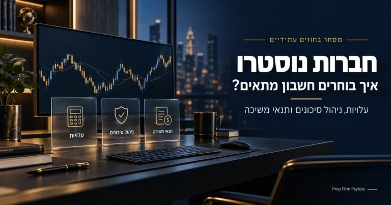 עמדת מסחר עם גרף נרות וכותרת על בחירת חשבון נוסטרו לפי עלויות, ניהול סיכונים ותנאי משיכה.